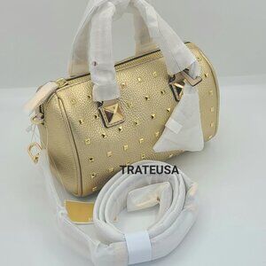 Michael Kors Grayson Small Studed Metallic Leather Duffel Crossbody Bag Gold NWT